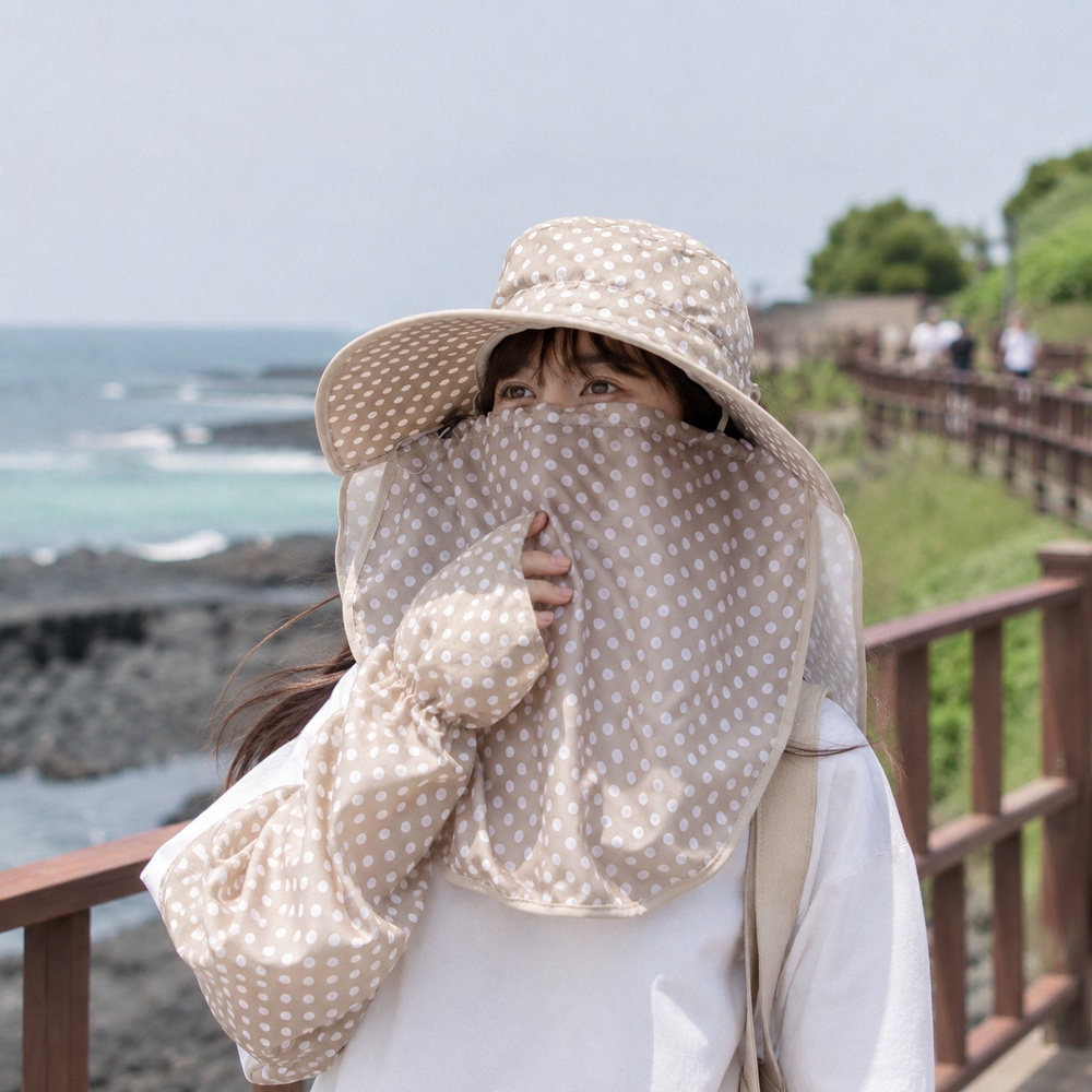 자외선차단 도트 썬캡 햇빛가리개 넥커버 와이드챙 여성 여름모자 나들이용